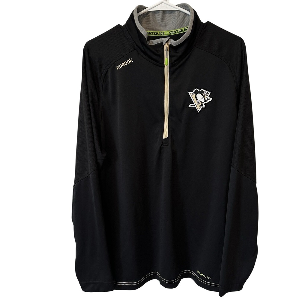 Reebok‎ Quarter Zip Pullover Mens Large Black Pittsburgh Penguins NHL Center Ice
